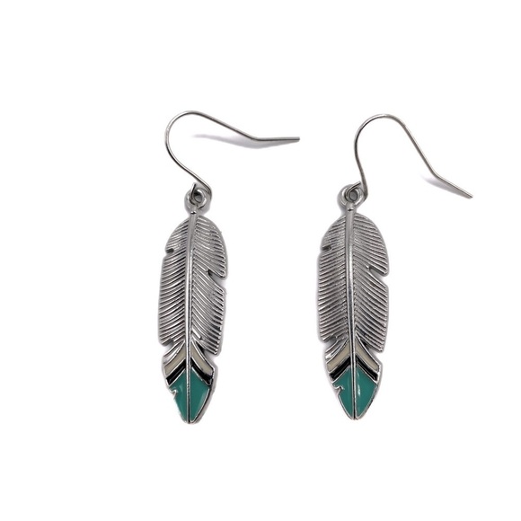 Boho Festival silver tone feather earrings with turquoise blue tips - Picture 2 of 6